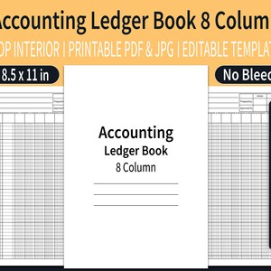 Könnte beinhalten: Druckbare 8,5 x 11 Zoll Buchungsbuchvorlage mit 8 Spalten. Die Vorlage ist für die Verwendung mit KDP-Innenräumen konzipiert und enthält eine Titelseite mit dem Text "Accounting Ledger Book 8 Column".