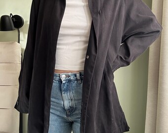 Vintage London Fog Black Button Up Jacket | Oversized Utility Chore Shirt with Lining