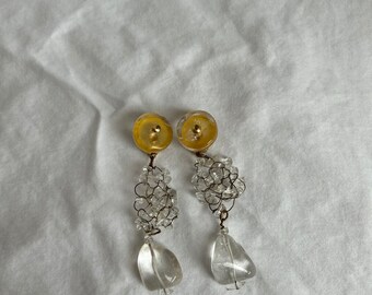 Unique 90s vintage dangling beaded earrings with clear stones, handmade