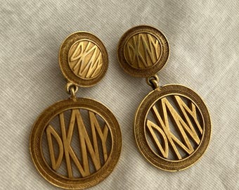 90s Vintage DONNA KARAN DKNY logo gold-tone earrings | clip-on dangling