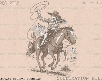 Vintage Cowgirl Riding Horse PNG, Western Sublimation Graphic (Digital Download)