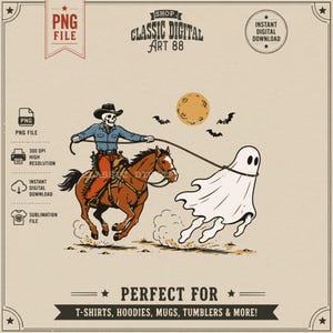 Può includere: Un'illustrazione digitale raffigurante un cowboy scheletro con camicia blu e pantaloni rossi a cavallo di un cavallo marrone, che cattura un fantasma bianco con un lazo. L'immagine include una luna gialla, pipistrelli neri e il testo PNG FILE, CLASSIC DIGITAL ART 88.