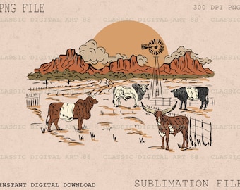 May include: A digital illustration of a farm scene with a red sunset, a windmill, and four cows. The cows are brown and white with spots. The scene is set in a field with a fence and a dirt road.