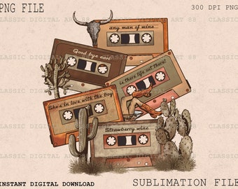 May include: A stack of vintage cassette tapes with various titles, including "any man of mine", "Good bye earl", "She's in love with the boy", "is there life out there!" and "Strawberry wine". The tapes are surrounded by cacti and a desert landscape.