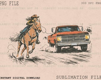 Cowgirl Horse Racing PNG, Truck Western Scene, Retro Vintage Country Sublimation Graphic