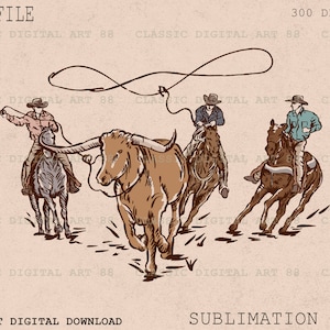 May include: A vintage illustration of three cowboys on horseback, one of them lassoing a brown steer. The cowboys are wearing hats and boots, and the steer is running away from the lasso.