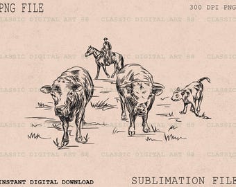 Hand Drawn Cowboy Watching Cows PNG, Cattle Png Transparent Design, Western Sublimation, Western Design