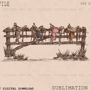 May include: A digital illustration of five saddles hanging on a wooden fence. The saddles are various colors, including brown, pink, and blue. The fence is made of rough-hewn wood and has a rustic appearance. The background is a light beige color.