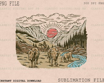 Western Cowboy Sunset PNG, Mountain Cattle Farm (Digital Download)