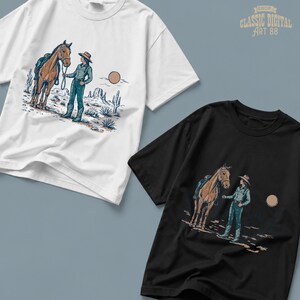 May include: White and black t-shirts featuring a desert scene with a horse and a person in a cowboy hat. The graphic includes a horse, a person, cacti, and a sun. The text "CLASSIC DIGITAL ART 88" is in the upper right corner.