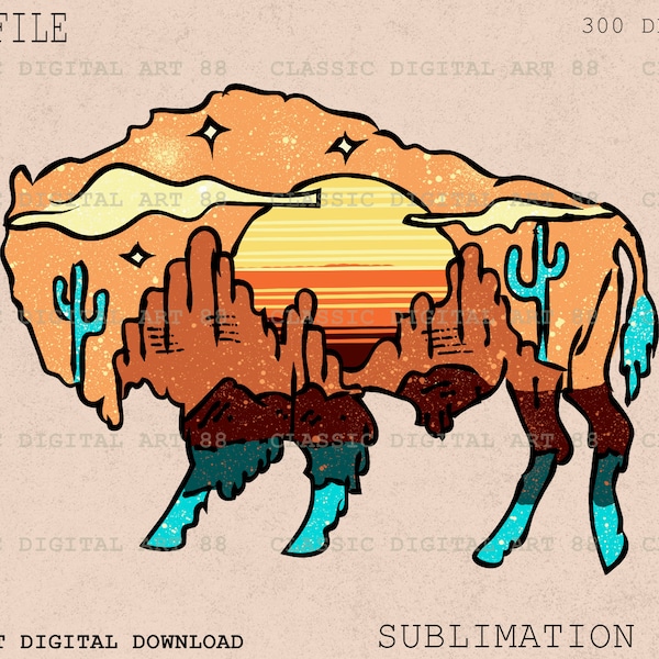 Desert Buffalo Aztec PNG, Drawing Desert Cactus, Cowboys PNG, Country Png, Western Sublimation Design, Desert Cowboys, Png With Cactus