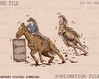 May include: Two women on horseback, one is about to jump over a barrel, the other is in mid-air, both are wearing cowboy hats and riding in a rodeo setting.