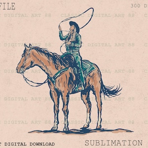 Könnte beinhalten: Eine digitale Illustration einer Frau, die einen Cowboyhut trägt und ein braunes Pferd reitet. Die Frau hält ein Lasso in ihrer rechten Hand. Das Pferd steht auf seinen Hinterbeinen. Der Hintergrund ist hellbraun.