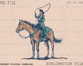 Op de afbeelding: Een digitale illustratie van een vrouw die een cowboyhoed draagt en een bruin paard berijdt. De vrouw houdt een lasso in haar rechterhand. Het paard staat op zijn achterpoten. De achtergrond is lichtbruin.