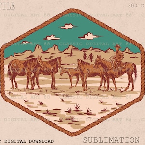 May include: A digital illustration of a cowboy riding a horse in a desert landscape. The cowboy is wearing a hat and a long-sleeved shirt. There are four horses in the scene, all with brown coats. The background is a blue sky with white clouds. The image is surrounded by a rope border.