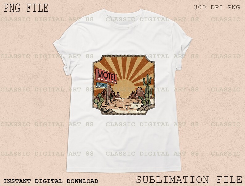 Puede incluir: Una camiseta blanca con un gr&aacute;fico de estilo vintage de un letrero de motel con el texto "MOTEL" y "Pool" en rojo. El letrero est&aacute; situado en un paisaje des&eacute;rtico con una puesta de sol y cactus.