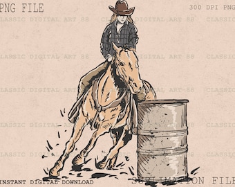 May include: Digital illustration of a cowgirl on a horse, barrel racing. The cowgirl wears a plaid shirt and a cowboy hat. The horse is light brown, and the barrels are grey. The image has the text "PNG FILE", "300 DPI PNG", "INSTANT DIGITAL DOWNLOAD", and "SUBLIMATION FILE".
