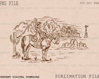 Escena del desierto retro PNG, Vaquero Png, Vaquera Png, Dibujo de línea de arte, Rancho Png, Descarga de sublimación occidental, Diseño de camisa