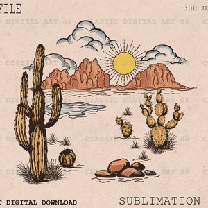 Western Desert Mountain PNG, Desert Dust Cactus, Western Png, Retro Sublimation, Cactus Desert Drawing, Shirt Design