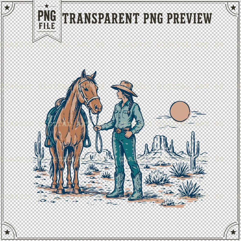 May include: A vintage-style illustration of a cowgirl with a horse in a desert landscape. The cowgirl wears a hat, shirt, and jeans. The horse is brown with a saddle. The background features cacti, mountains, and a setting sun. The text "TRANSPARENT PNG PREVIEW" is at the top.