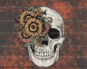 Crâne floral PNG, Hippie PNG, Retro Png, Sublimation du crâne Télécharger, Flower Skull Png, Boho Design