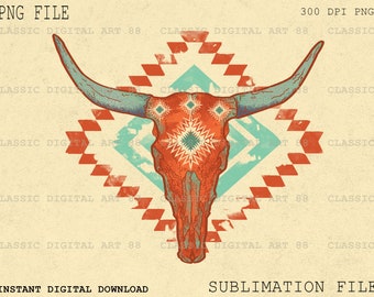 Cow Skull PNG, Aztec PNG, Turquoise Western Sublimation Design, Mayan Design PNG, Cowboy Png, Retro Western Png, Grunge Design Png