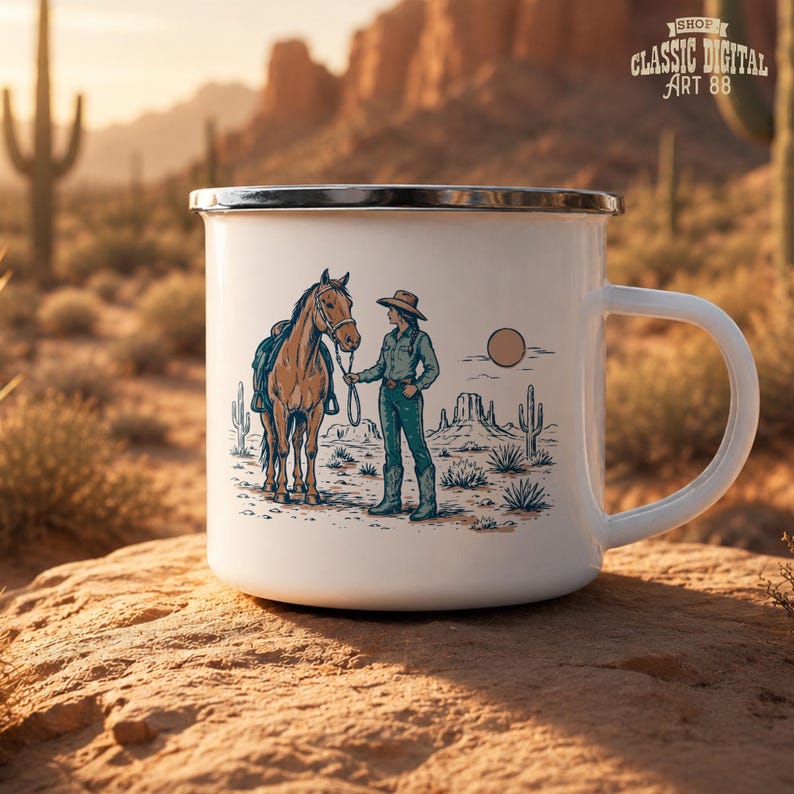 May include: White enamel mug with a silver rim featuring a Western-themed illustration. The design depicts a person with a horse in a desert landscape with cacti and a setting sun. The mug has a large, curved handle.