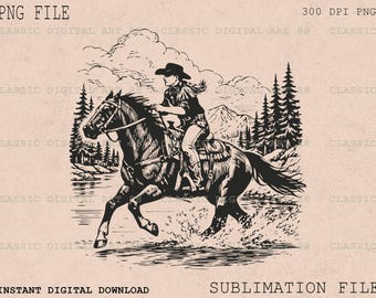 Line Art Cowgirl Galloping Across River PNG Design