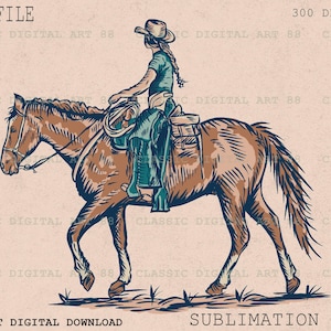 May include: A vintage illustration of a woman riding a horse. The woman is wearing a cowboy hat and a long-sleeved shirt. The horse is brown with a white stripe down its face.