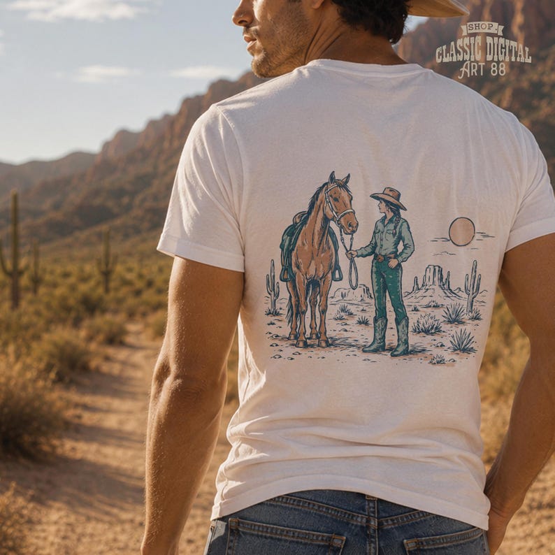 May include: White t-shirt with a desert-themed graphic on the back. The graphic depicts a person in a cowboy hat and boots holding a horse's reins in a desert landscape with cacti and a setting sun. Text on the top right corner reads "SHOP CLASSIC DIGITAL ART 88".