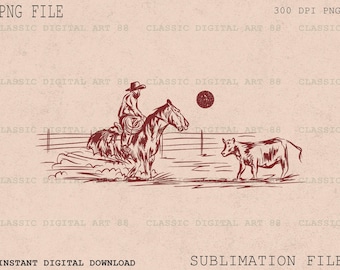 May include: A red line drawing of a cowboy riding a horse through a gate with a cow standing in the field. The image is set against a light brown background.