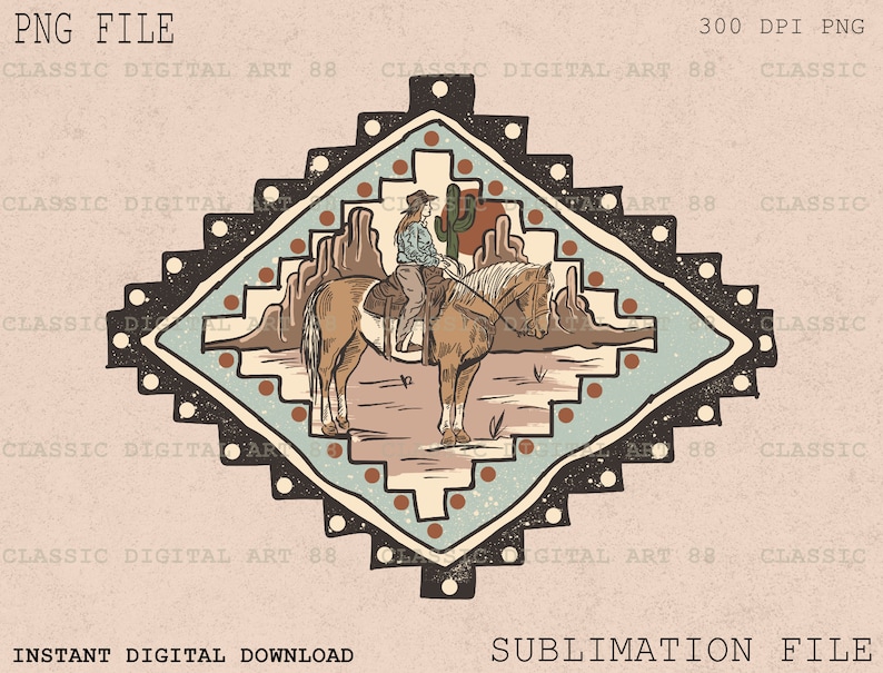 May include: A digital illustration of a cowboy riding a horse in a desert landscape. The image is surrounded by a geometric pattern in shades of blue, brown, and white.