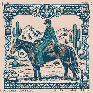 May include: An illustration of a person riding a horse, set within a decorative frame. The rider wears a plaid shirt and jeans. The background features cacti, mountains, and indigenous-inspired motifs. The image is labeled "PNG FILE" and "INSTANT DIGITAL DOWNLOAD".