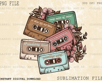 May include: A vintage-style illustration of four cassette tapes with floral accents. The tapes are labelled "any man of mine", "is there life out there", "strawberry wine", and "goodbye earl".