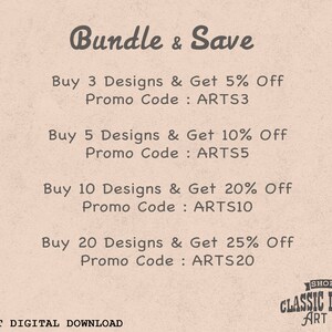 Puede incluir: Un gr&aacute;fico rosa y blanco con el texto "Bundle & Save" y una lista de descuentos por la compra de varios dise&ntilde;os. Los descuentos son del 5%, 10%, 20% y 25%. El texto tambi&eacute;n incluye los c&oacute;digos promocionales correspondientes: ARTS3, ARTS5, ARTS10 y ARTS20.