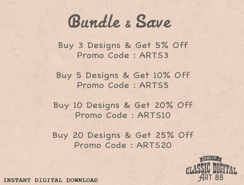 Puede incluir: Un gr&aacute;fico rosa y blanco con el texto "Bundle & Save" y una lista de descuentos por la compra de varios dise&ntilde;os. Los descuentos son del 5%, 10%, 20% y 25%. El texto tambi&eacute;n incluye los c&oacute;digos promocionales correspondientes: ARTS3, ARTS5, ARTS10 y ARTS20.