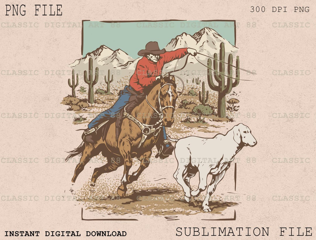 Retro Cowboy Catching Bull PNG, Western Desert Cactus Design, Vintage ...