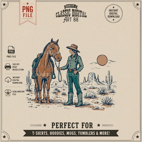Retro Cowgirl Desert PNG | Hand Drawn Sunset Scene | Rodeo & Western Sublimation Clipart
