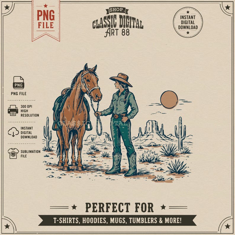 May include: Digital illustration featuring a cowgirl with a horse in a desert landscape. The cowgirl wears a hat, boots, and a button-up shirt. The image includes text that says "Classic Digital Art 88" and "Perfect for T-shirts, Hoodies, Mugs, Tumblers & More!"