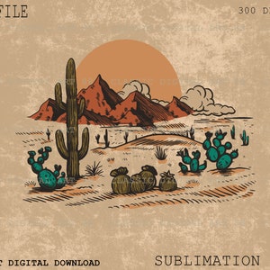 Western Desert Dust Cactus Png, Western Png, Retro Sublimation, Digital Download, Shirt Design, Cactus Desert Drawing Png