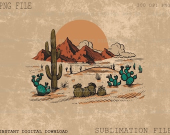 Western Desert Dust Cactus Png, Western Png, Retro Sublimation, Digital Download, Shirt Design, Cactus Desert Drawing Png
