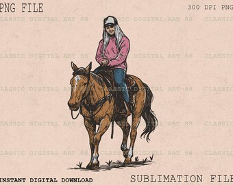Cowgirl on Horse Sublimation Design, Western Rodeo PNG, Digital Download, Horseback Rider, Rustic Country Girl Graphic, Boho Western