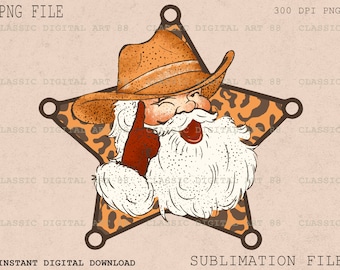 May include: A cartoon Santa Claus wearing a brown cowboy hat with a white beard and a red finger on his lips. He is in a star-shaped frame with a leopard print background.