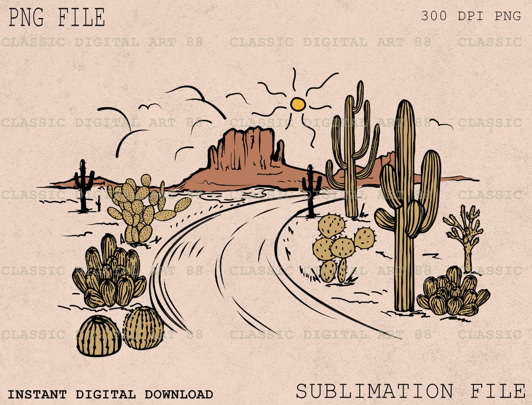 Western Desert Dust Cactus, Line Art Drawing PNG, Retro Sublimation ...