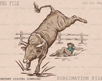May include: A line drawing illustration of a bull bucking a cowboy in a rodeo. The bull is brown and has horns. The cowboy is wearing a hat and a vest. The scene is set against a wooden fence.