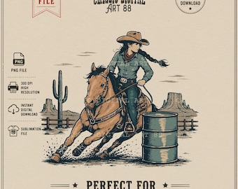 Cowgirl Barrel Racing PNG, Minimalist Rustic Western Horse Logo, Vintage Ink Line Art Sublimation Design, Digital Download