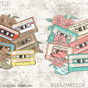 90s Country Cassette Tapes, Retro Cassette PNG, Digital Download, Retro Sublimation, Retro Cassette Png, Clipart Download