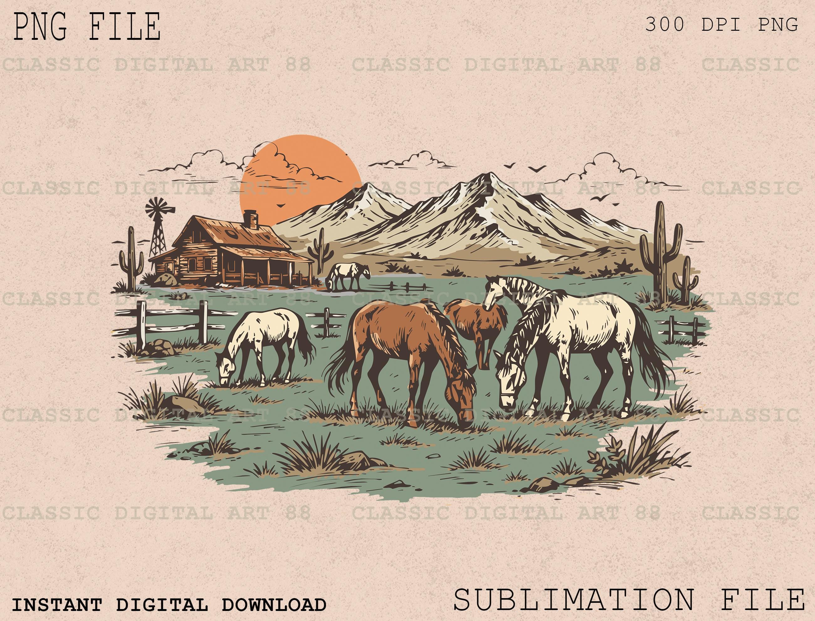 Western Ranching Graphics Retro Horse Farm PNG, Western Ranch Mountain Scene, Vintage Country ...