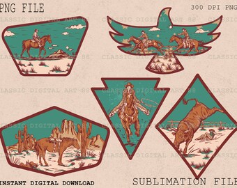 May include: Five digital illustrations of western scenes in a vintage style. The illustrations include a cowboy riding a horse, a cowboy riding a bull, a cowboy riding a horse with a lasso, a cowboy riding a horse with a lasso, and a bald eagle flying over a desert landscape.