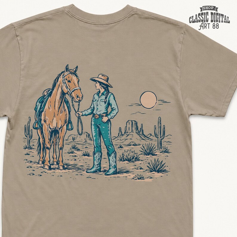 May include: Tan t-shirt featuring a desert scene with a horse, a person in a cowboy hat, and cacti. The illustration is in a vintage style with the text "SHOP CLASSIC DIGITAL ART 88" at the top right.